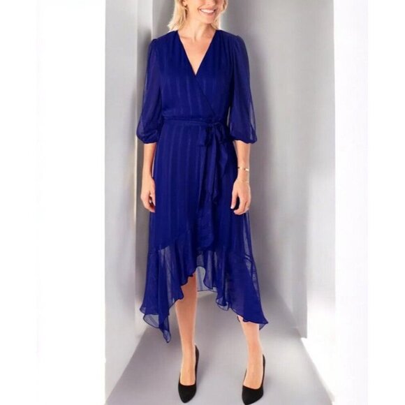 Maison Tara Womens Blue High Low Quarter Sleeve Midi Wrap Dress NEW Size 16 - Picture 3 of 5